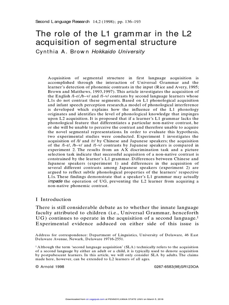 The Role of The L1 Grammar in The L2 Acquisition of Segmental Structure ...