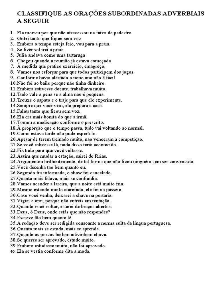 Classifique As Orações Subordinadas Adverbiais | PDF