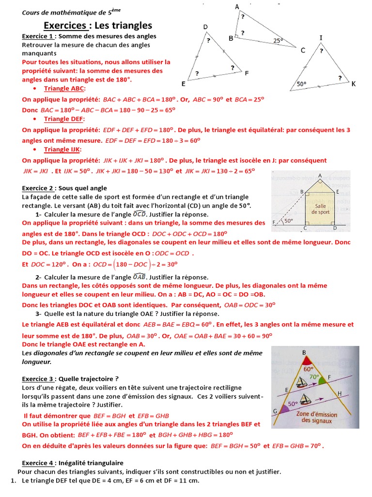 Exercices Corrigés Sur Les Angles 5ème Pdf 5eme Exercices Les Triangles Correction | PDF | Triangle | Objets  mathématiques