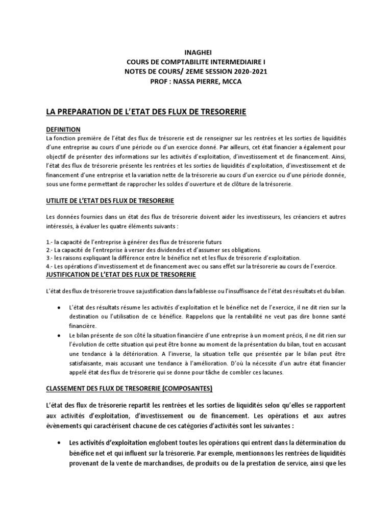 Inaghei Etat Des Flux De Tresorerie Pdf Bilan Comptable Prets
