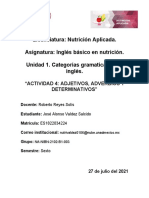 Licenciatura: Nutrición Aplicada. Asignatura: Inglés Básico en Nutrición. Unidad 1. Categorías Gramaticales Del Inglés