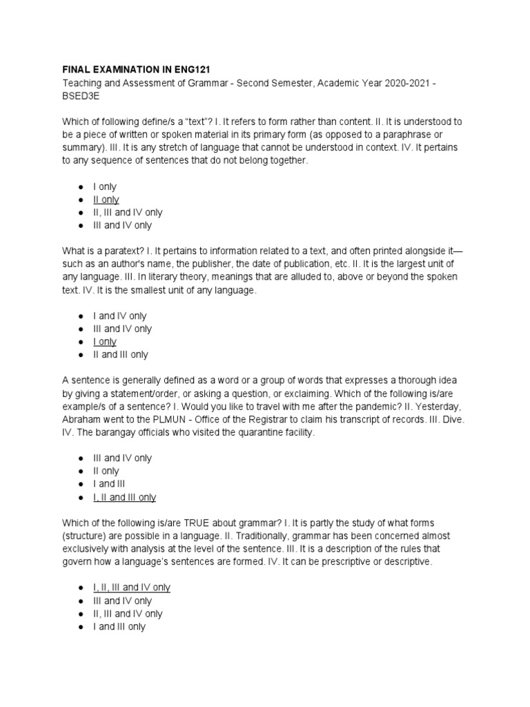 ENG121 Grammar Exam Overview | PDF | Grammar | Language Mechanics
