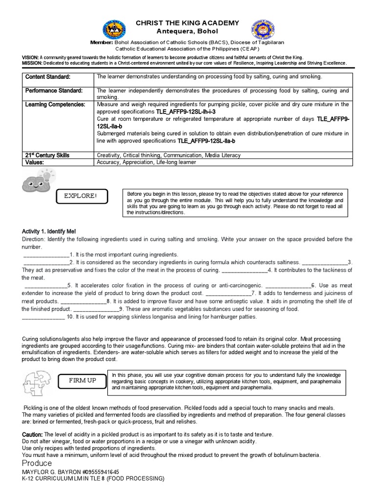 TLE (Food Processing) 8 LModule Q1 PDF Pickling Pickled Cucumber