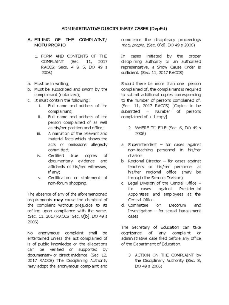 Administrative Disciplinary Cases (Deped) A. Filing of The Complaint