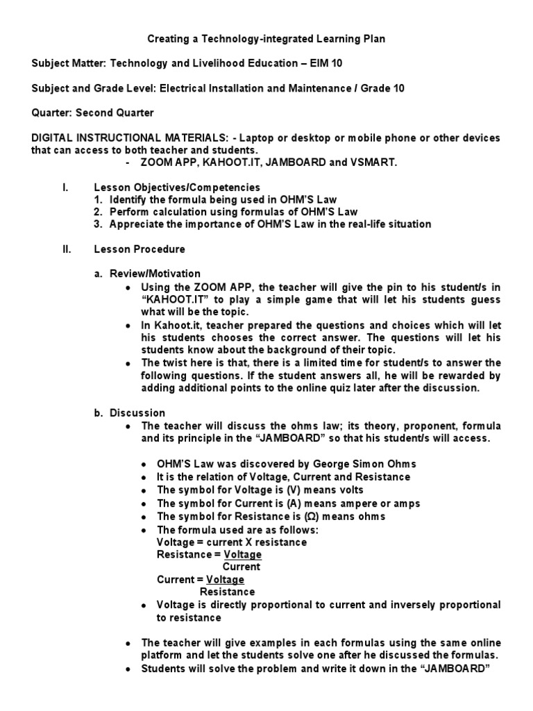 Tech-Integrated Learning Plan for EIM 10 | PDF | Electrical Resistance ...