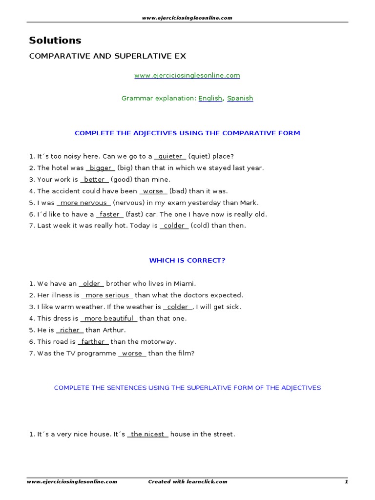 Solutions: Comparative and Superlative Ex | PDF | Grammar | Linguistics