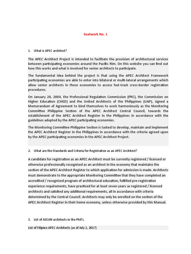 What Is APEC Architect? Seatwork No. 1 PDF Asia Pacific Economic