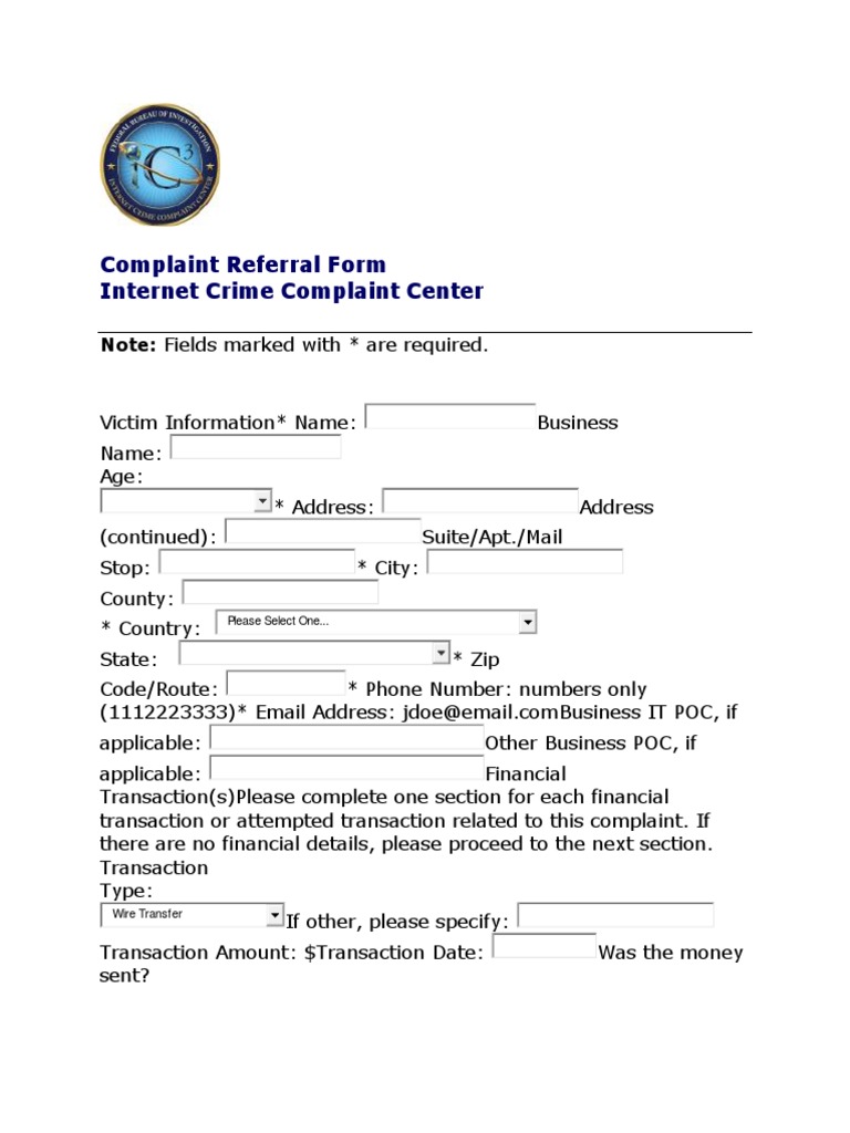Complaint Referral Form Internet Crime Complaint Center: Please Select  One.. | PDF | Banks | Mail