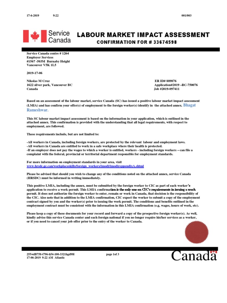 Labour Market Impact Assessment: CONFIRMATION FOR # 33674598 | PDF ...