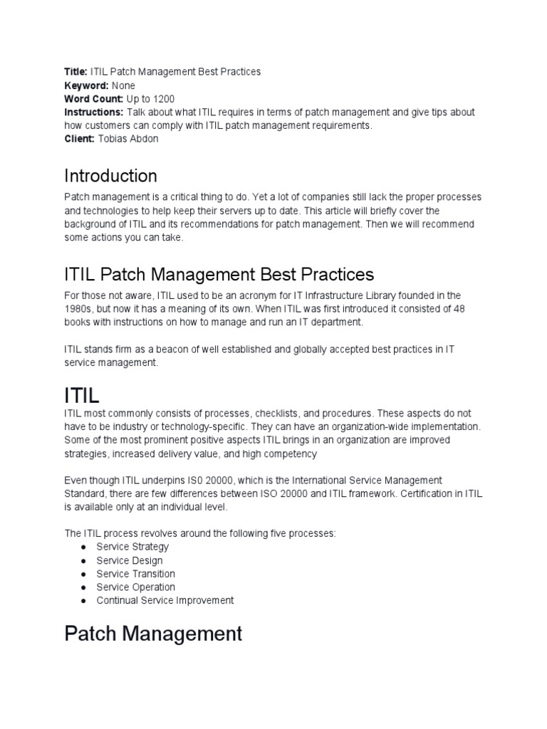 ITIL Patch Management Compliance Guide | PDF | Itil | Information ...