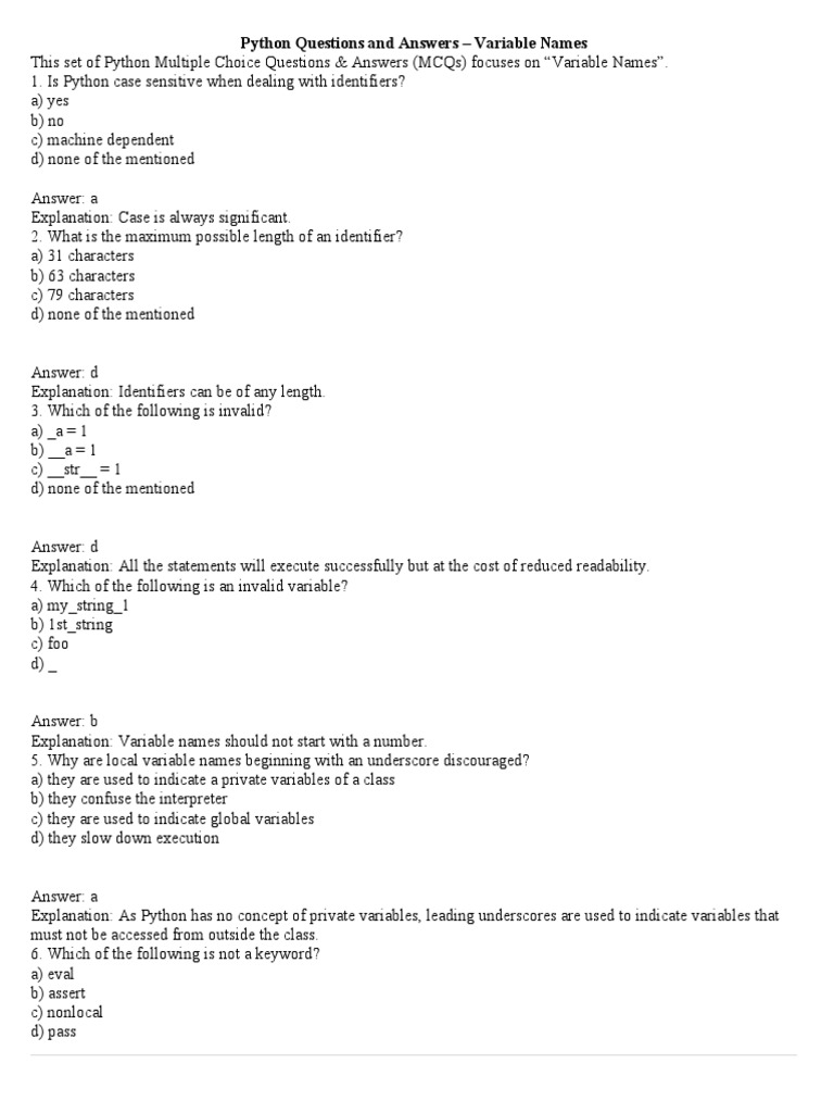 Python MCQs on Variable Names and Types | PDF | Boolean Data Type ...