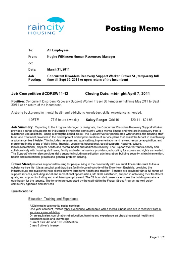 Job Posting: Recovery Support Worker | PDF | Recovery Approach | Mental ...