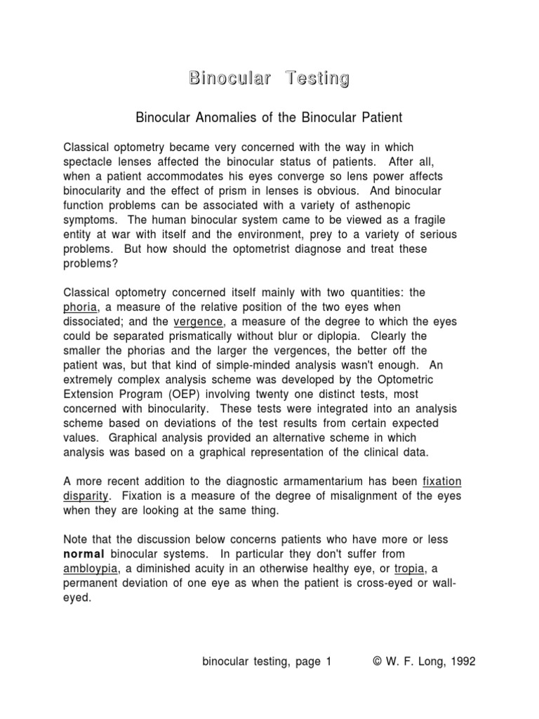 Binocular Testing PDF Vision Sensory Organs