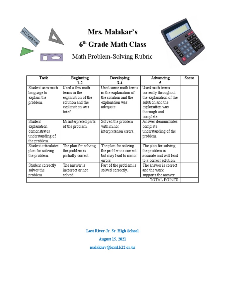 ProblemSolving Math Rubric PDF