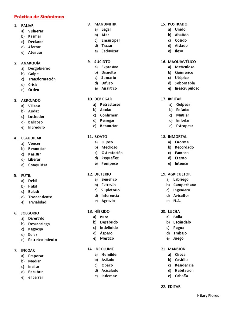 Práctica de Sinónimos | PDF