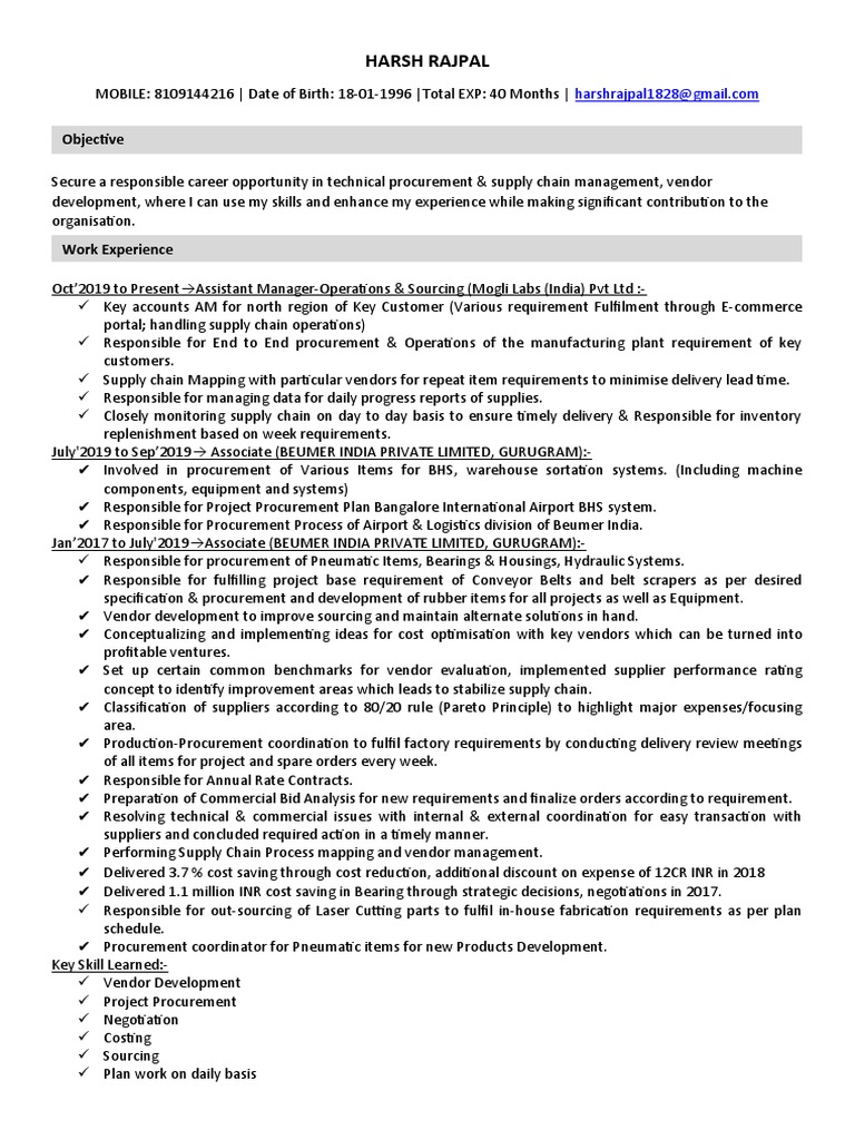 Harsh Rajpal: Objective | PDF | Supply Chain | Procurement