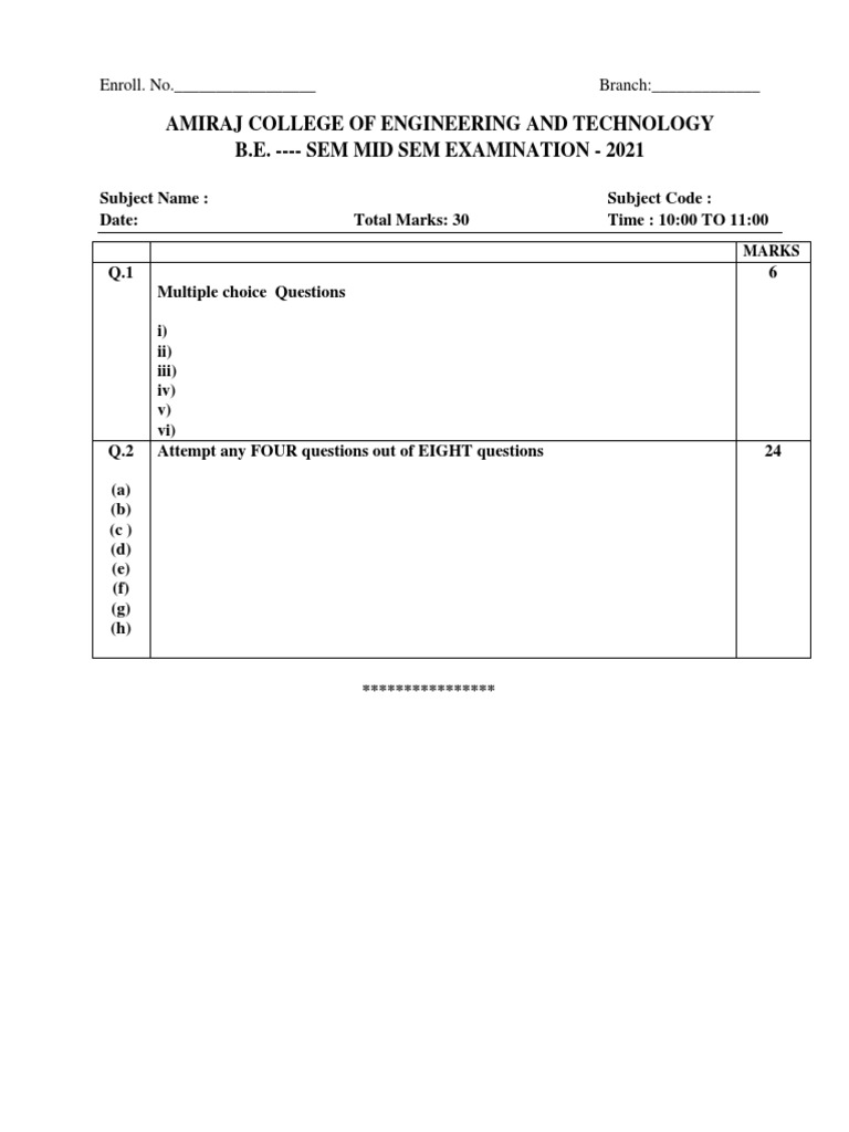 B.E. Mid Sem Exam Paper 2021 | PDF