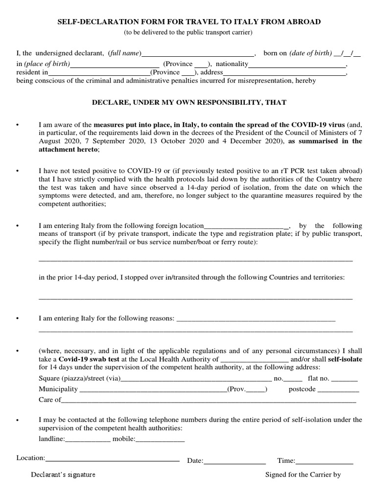 Italy Travel Self-Declaration Form | PDF | Epidemics | Biological ...