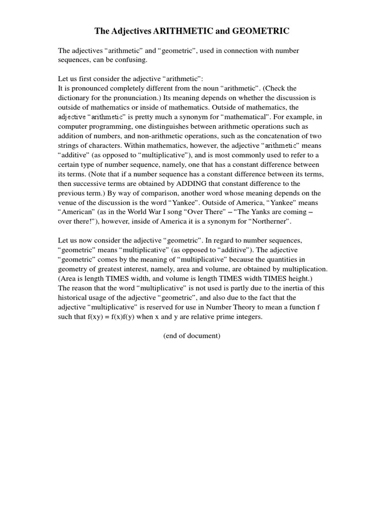 The Adjectives ARITHMETIC and GEOMETRIC | PDF | Language Arts ...