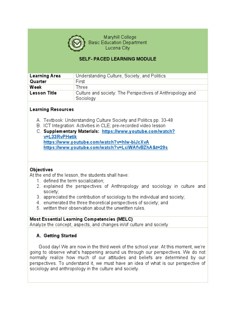 Self-Paced Learning Module: V L33Rvphetik | PDF | Sociology | Anthropology