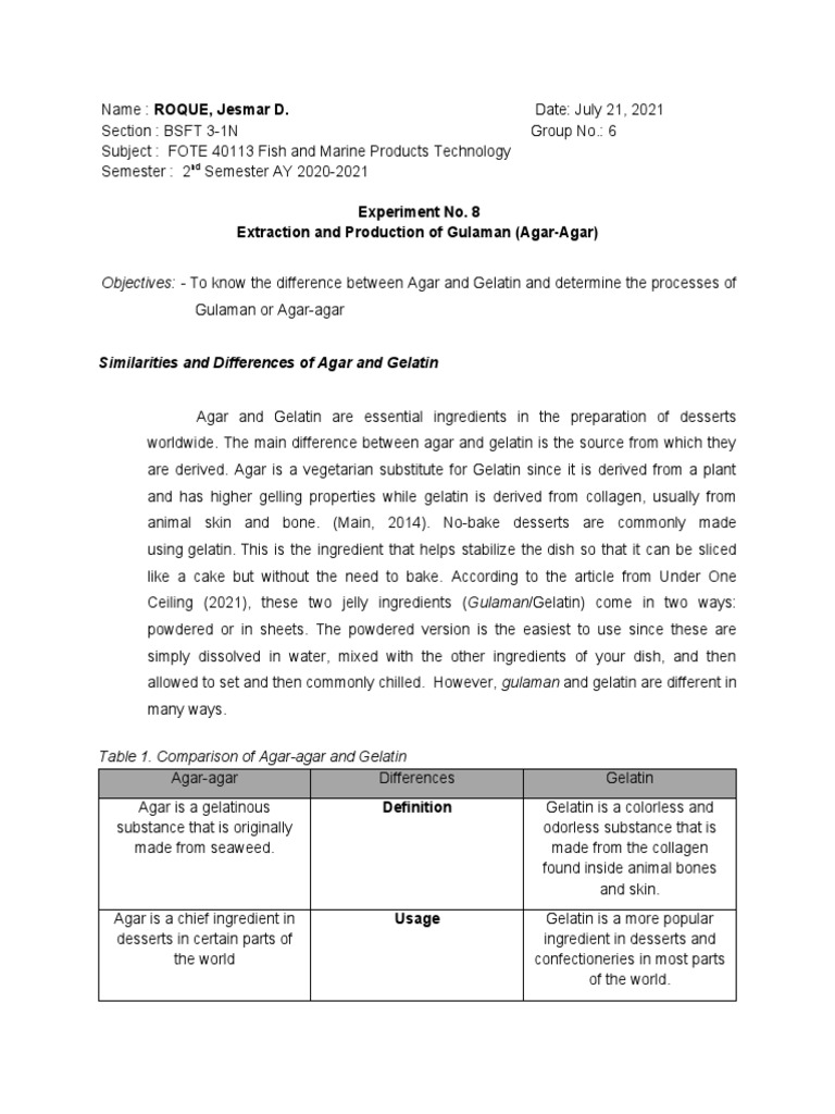 Differences Between Agar and Gelatin in Gulaman Production PDF Agar
