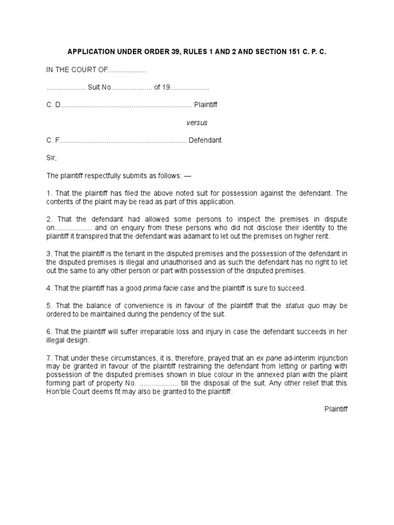 Application for Injunction Under CPC | PDF