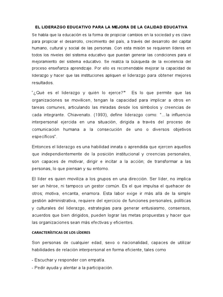 El Liderazgo Educativo para La Mejora de La Calidad Educativa | PDF ...