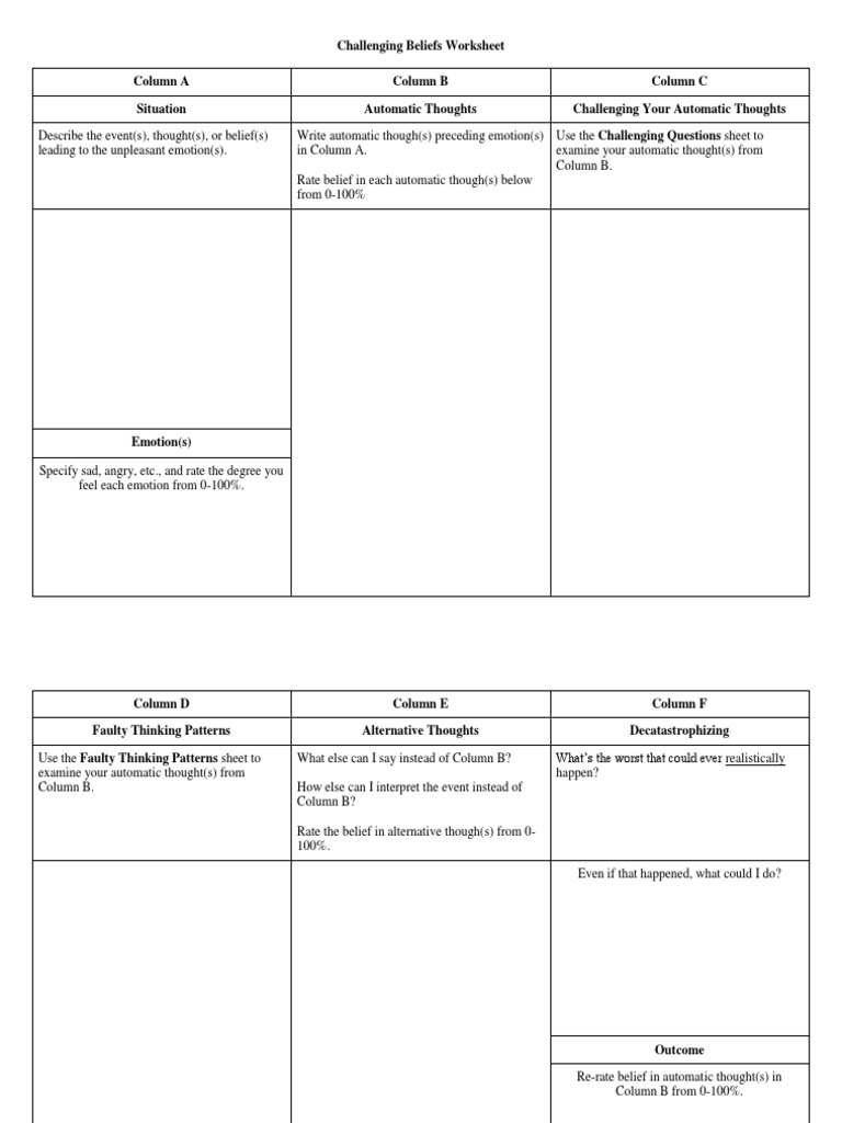 CPT - Challenging Beliefs Worksheet | PDF | Mental Processes