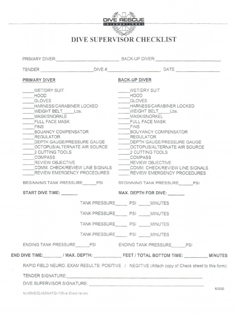 Dive Supervisor Checklist PDF