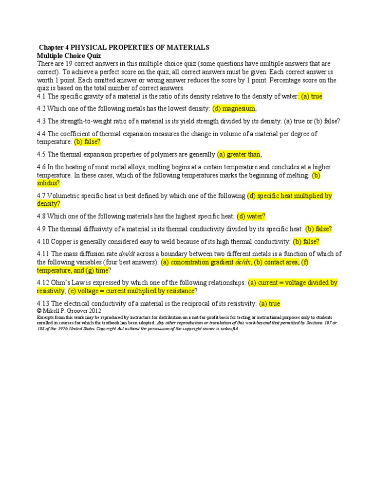 Chapter 4 PHYSICAL PROPERTIES OF MATERIALS | PDF | Density | Electrical ...