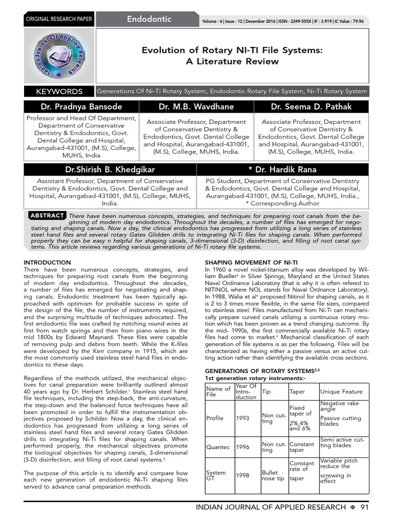 Evolution of Rotary NITI File Systems A Literature Review Endodontic PDF