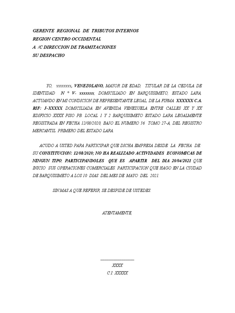 Carta Seniat Inicio De Actividades PDF