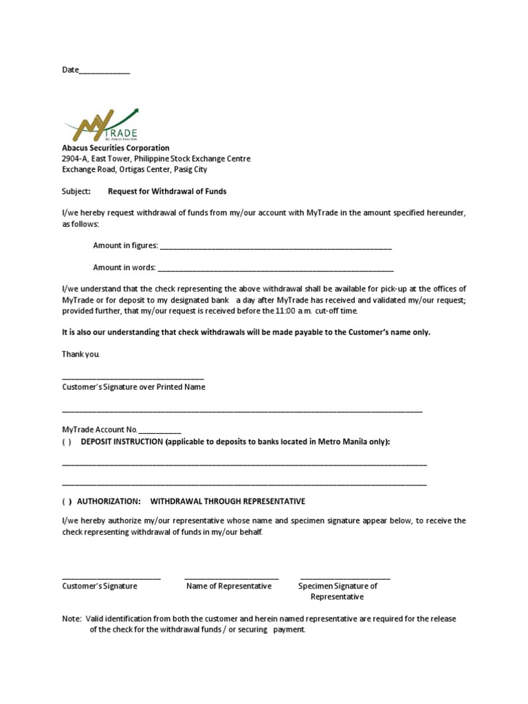 Request for Fund Withdrawal from MyTrade | PDF | Business | Finance ...