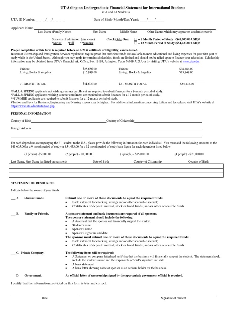UTA Financial Statement for International Students | PDF | Banks