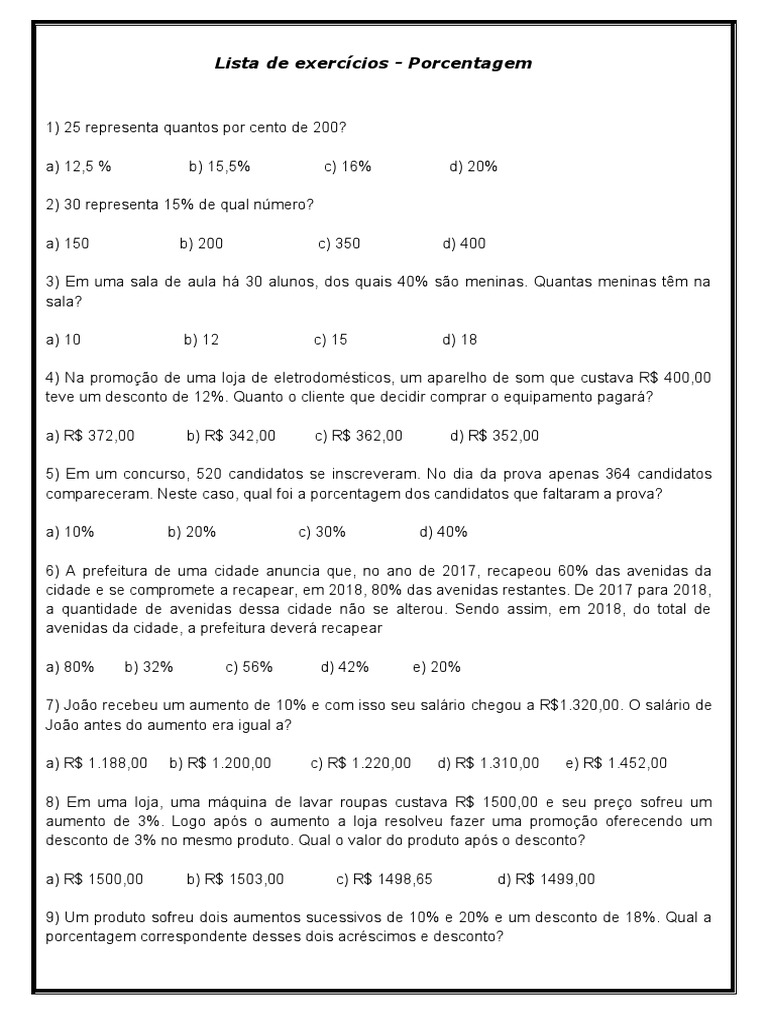 Lista de Exercícios de Porcentagem 9º Ano | PDF | Economias