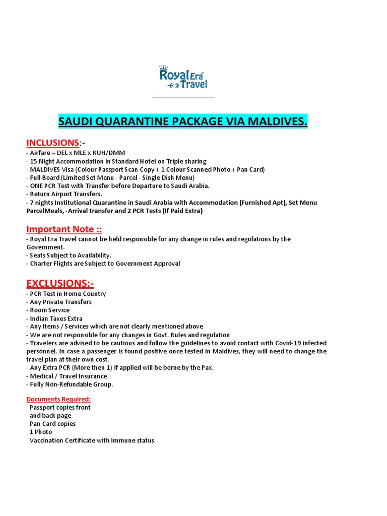 Quarantine Package For Saudi Via Maldives PDF Travel Visa