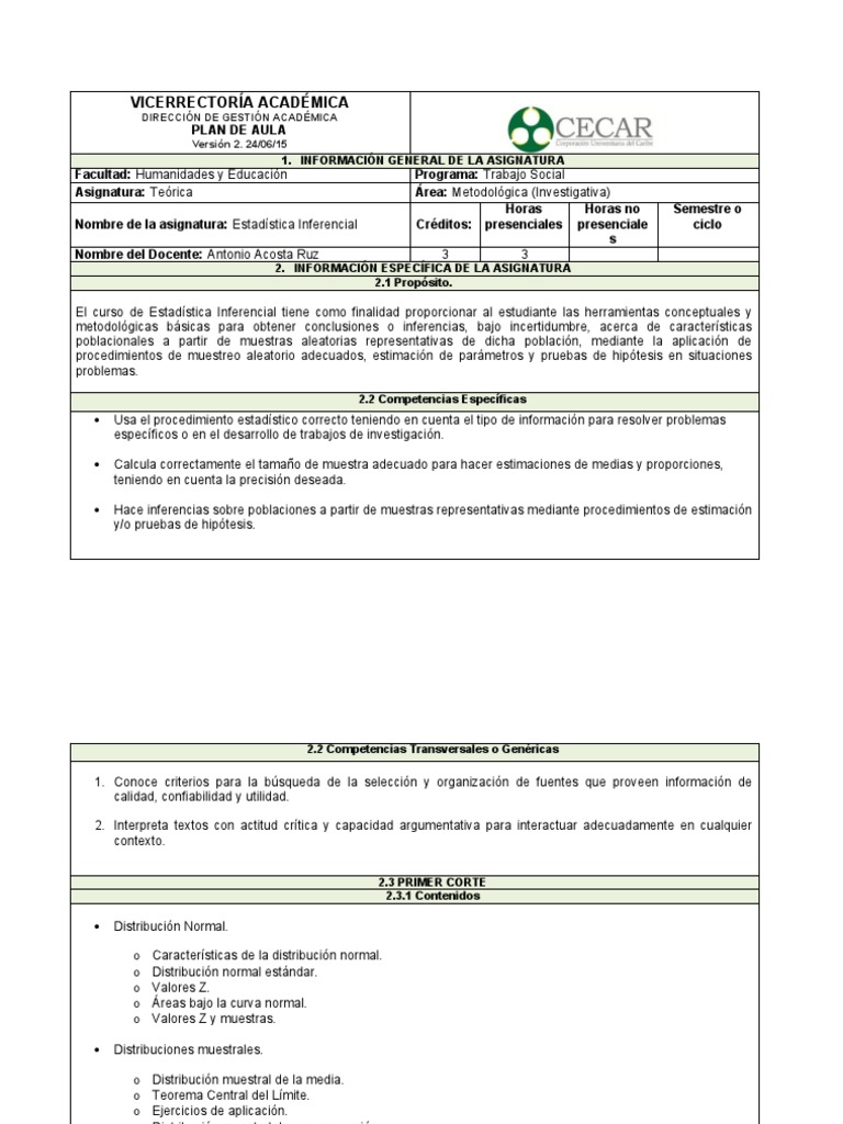 PLAN DE AULA INFERENCIAL Nuevo | PDF | Muestreo (Estadísticas) |  Estadísticas
