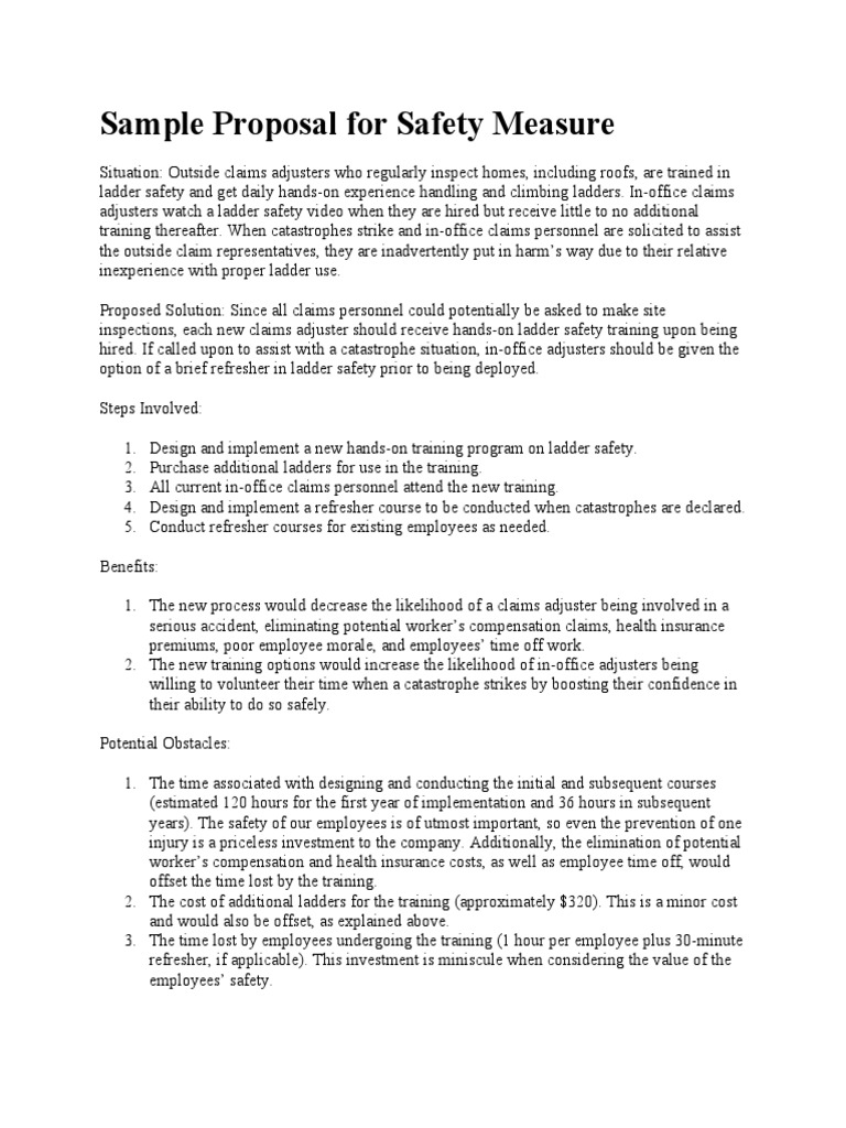 Sample Proposal For Safety Measure PDF Safety Insurance