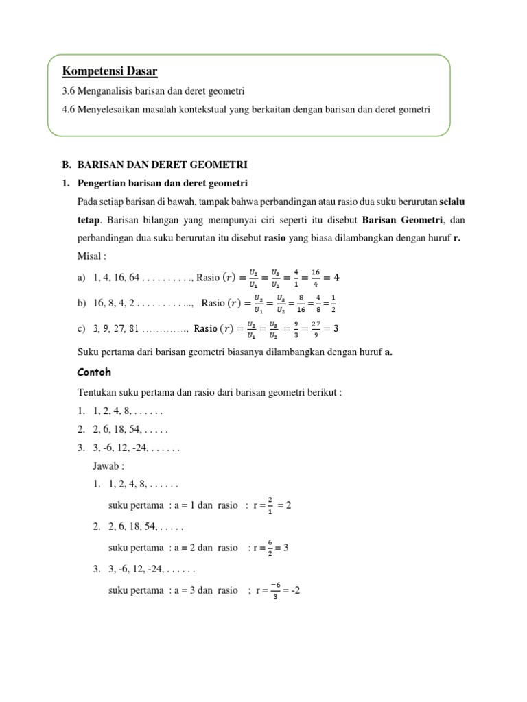 barisan geometri 2 6 18 54 rasio dari barisan tersebut adalah