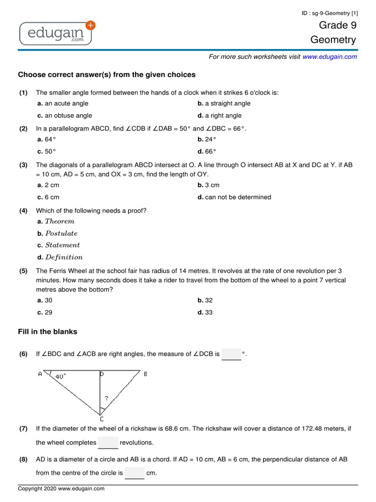 Grade 9 Geometry: Choose Correct Answer(s) From The Given Choices | PDF ...