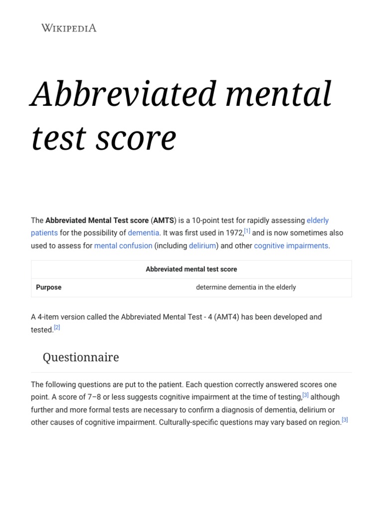 Abbreviated Mental Test Score Wikipedia PDF Dementia Health