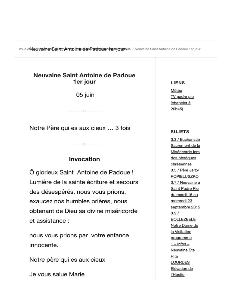 Neuvaine à Saint Antoine De Padoue Pdf Neuvaine Saint Antoine de Padoue Causes Des Désespérées 1er Jour | PDF |  Liturgie et culte chrétien | Prière