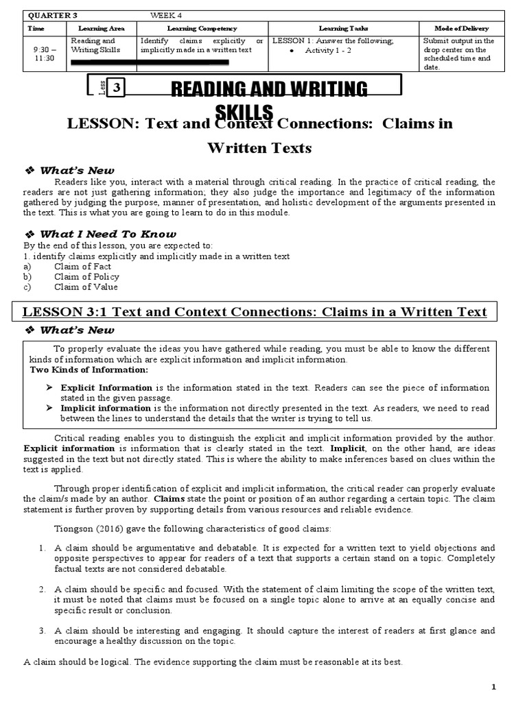 Reading and Writing Skills LESSON Text and Context Connections