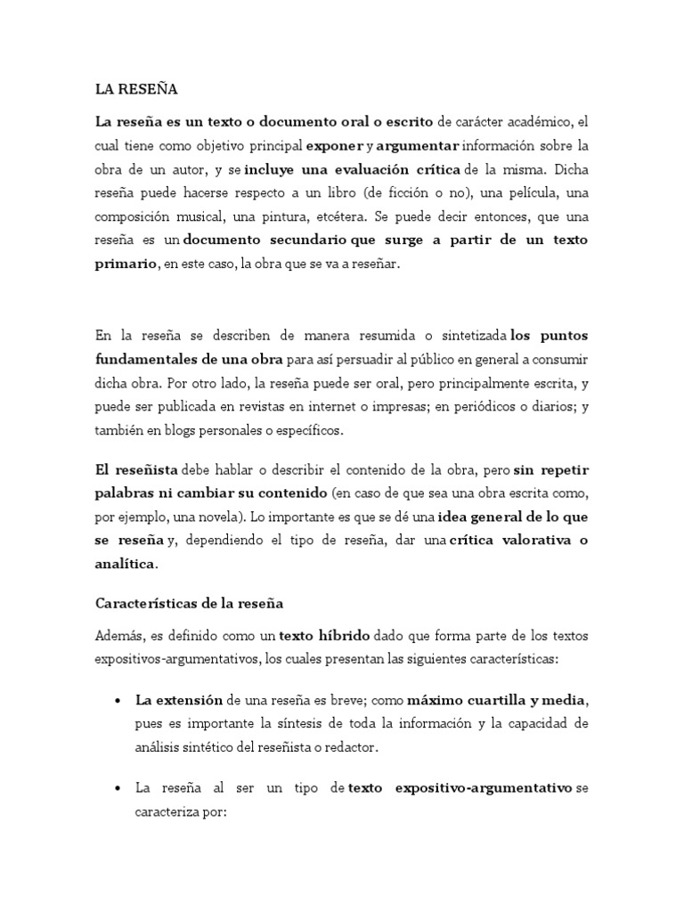 Características y Estructura de la Reseña | PDF | Autor | Novelas