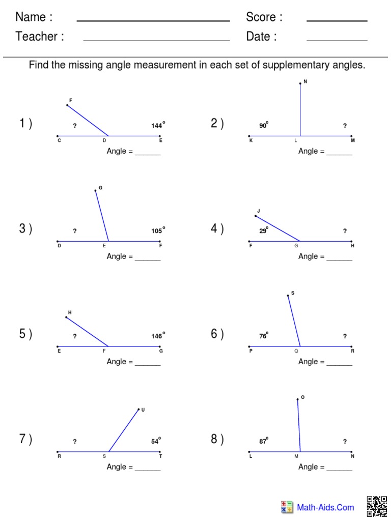 Name: Teacher: Date: Score:: Find The Missing Angle Measurement in Each ...