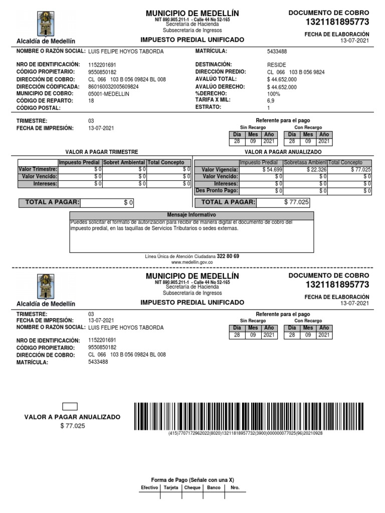 Documento de Cobro Impuesto Predial Medellín | PDF | Pagos | Economias