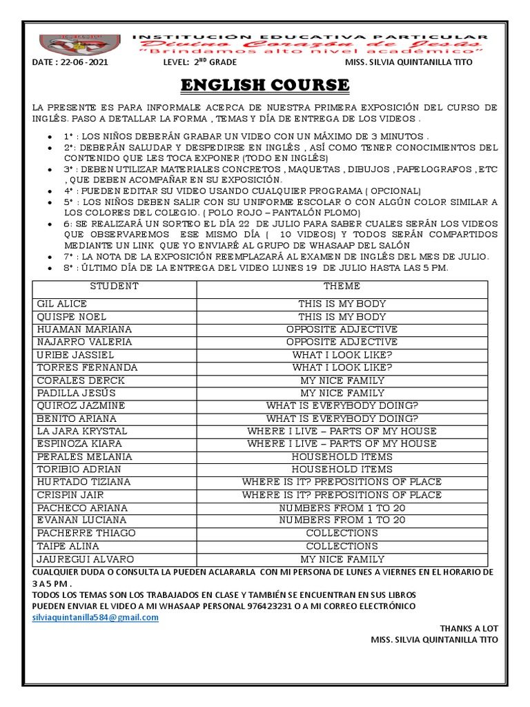 Exposición de Inglés para 2° Grado | PDF