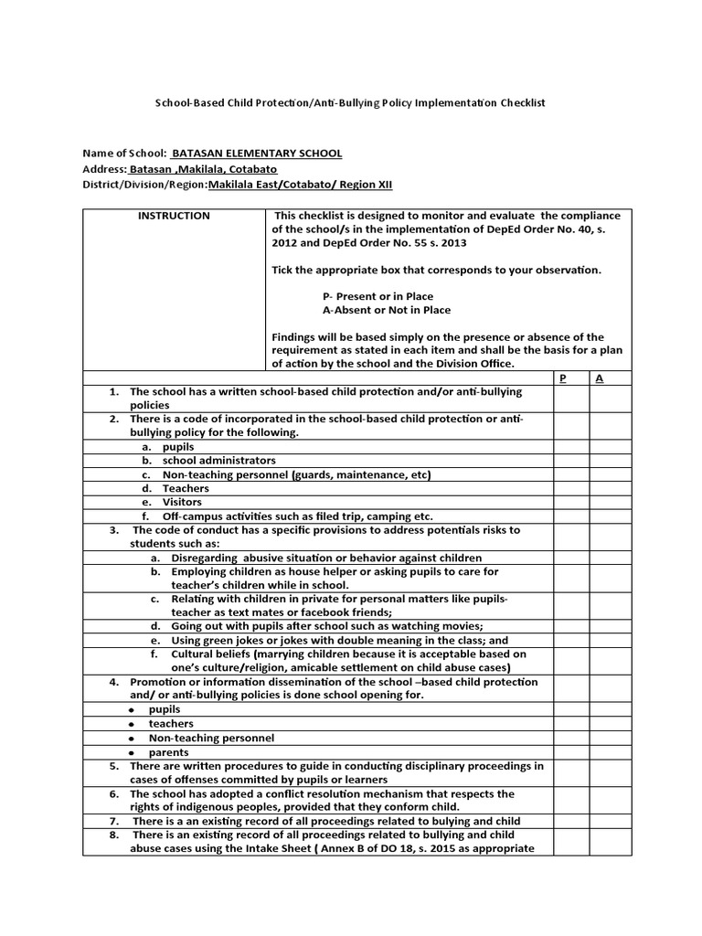 SchoolBased Child Protection Checklist PDF Bullying Teachers