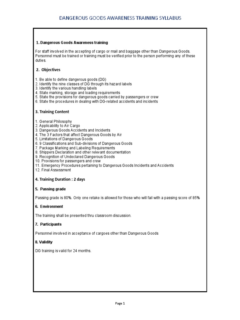 Dangerous Goods Awareness Training Syllabus | PDF