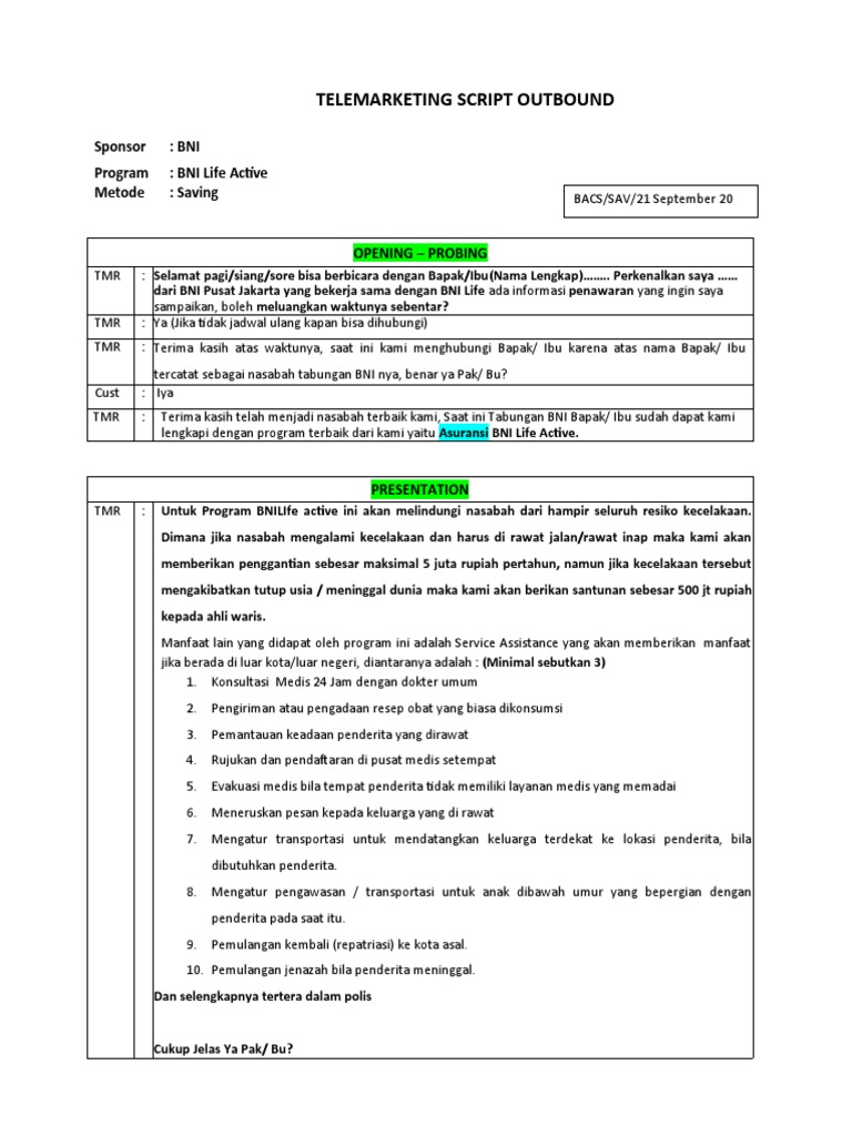 Skrip Telemarketing BNI Life Active | PDF